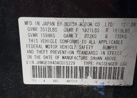 2010 Honda Fit Sport из США, поврежденный, VIN JHMGE8H40AC015229